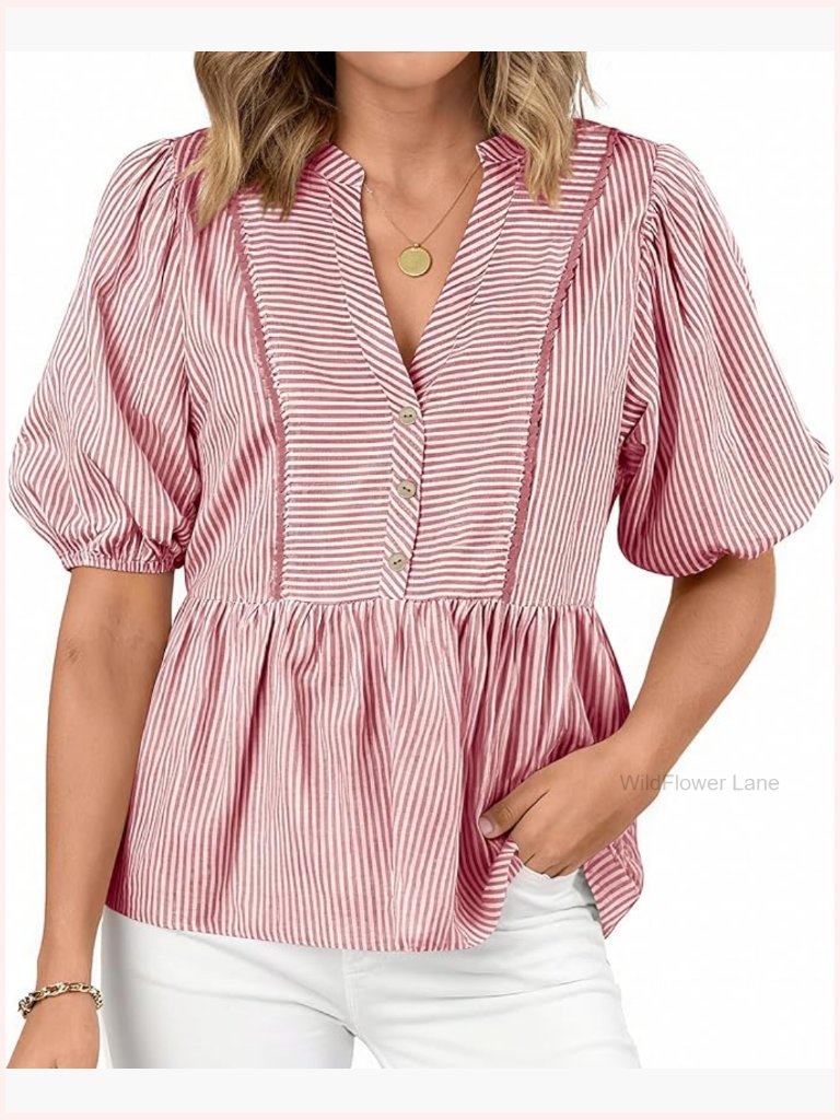 Lantern Short Sleeve V Neck Button Peplum Blouse Babydoll Top Striped Summer
